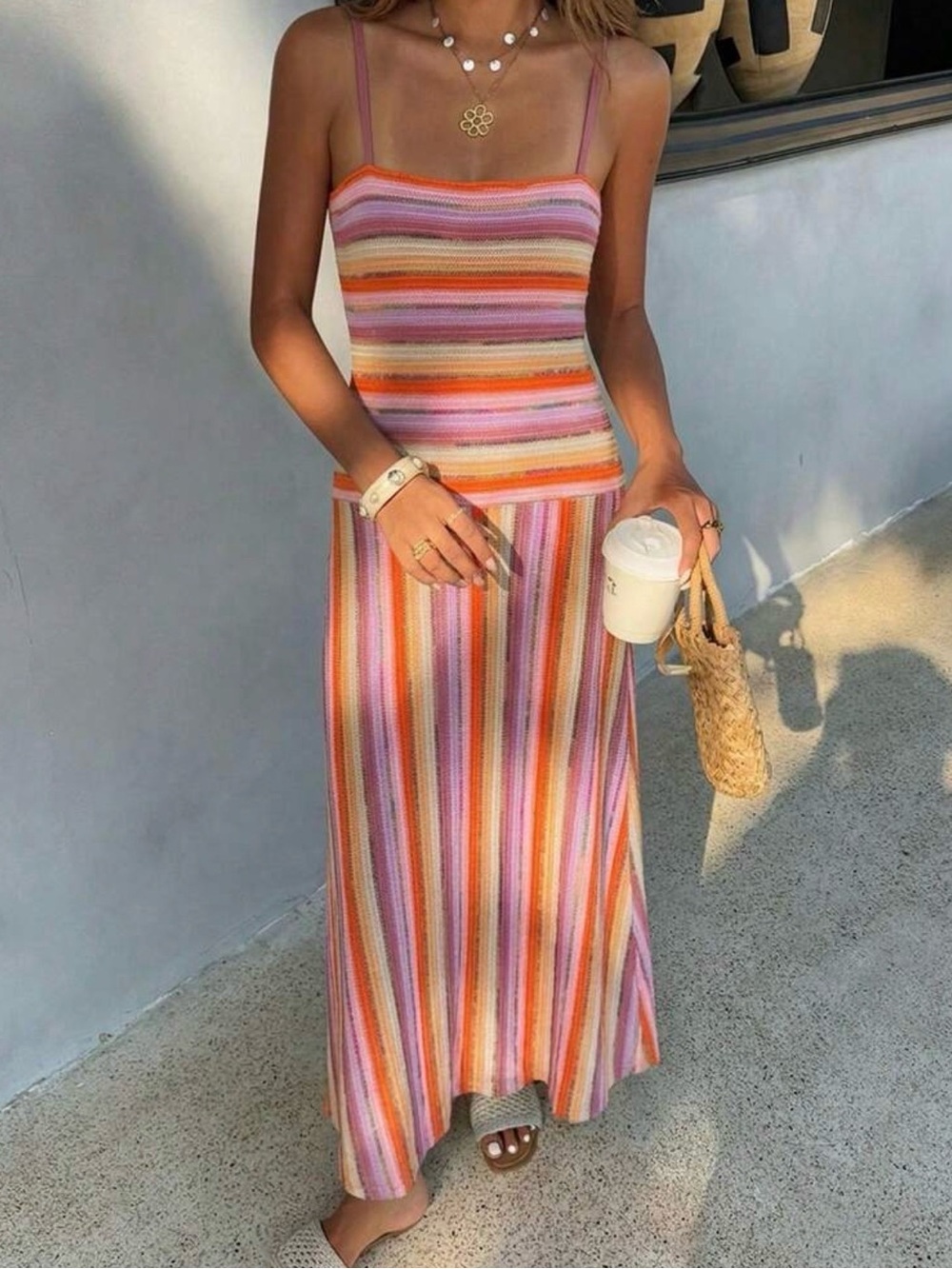Striped Knit Maxi Dress in Pink and Orange